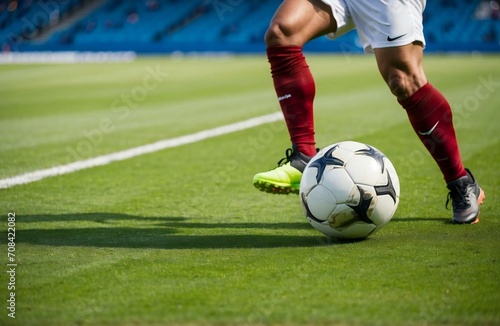 close-up photo of a professional soccer player playing football on a green grass pitch at a big stadium. dribbling the ball against opponents. soccer match on a field