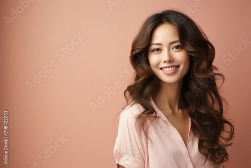 Portrait of beautiful young asian woman with long curly hair over pink background