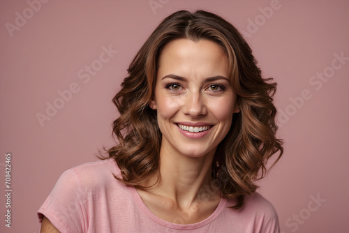portrait in studio of a young woman brown hair, pink background