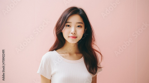 Portrait of beautiful asian woman in white t-shirt on pink background © Synthetica