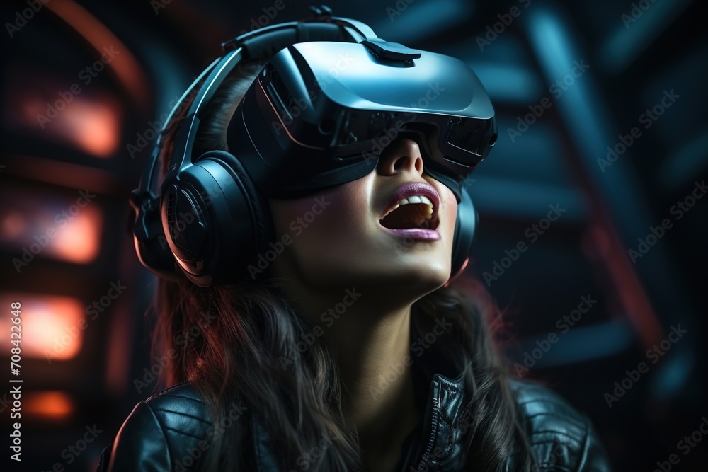 Woman wearing virtual reality headset Woman wearing virtual reality headset