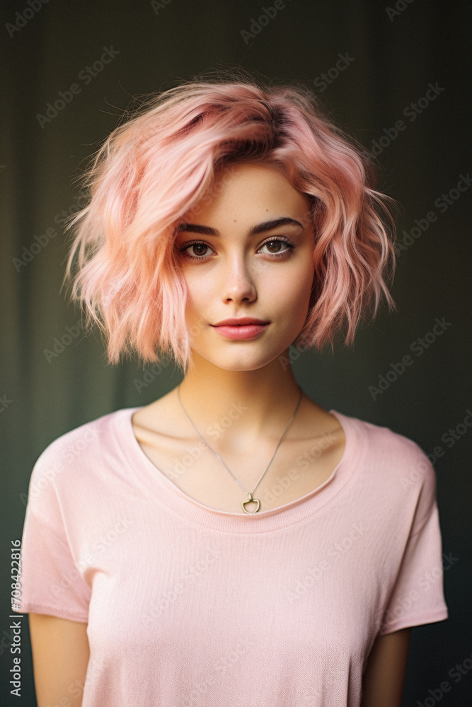 Beautiful young woman with pink hair. Portrait of a beautiful girl with pink hair . Beautiful young woman with pink hair. Portrait of a beautiful girl with pink hair .