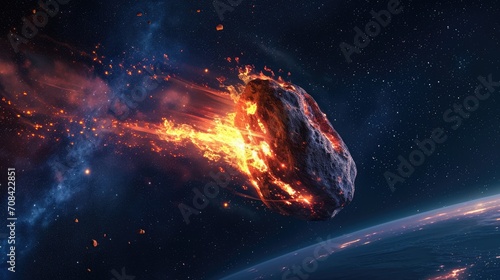 a huge gigantic burning asteroid in space flyng towards the planet earth  meteorite