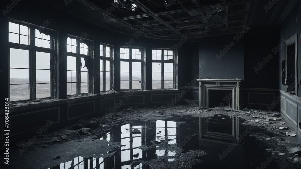 interior of a post apocalyptic destroyed building with dark atmosphere interior of a post apocalyptic destroyed building with dark atmosphere