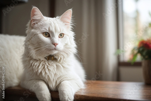 portrait of a white cat in the home