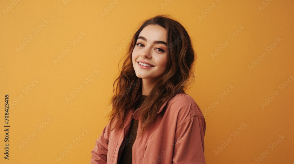 Portrait of a smiling young woman looking at camera isolated over yellow background Portrait of a smiling young woman looking at camera isolated over yellow background