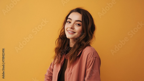 Portrait of a smiling young woman looking at camera isolated over yellow background