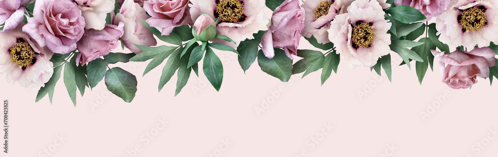 Floral banner, header with copy space. Pink peony and roses isolated on pastel background. Natural flowers wallpaper or greeting card. Floral banner, header with copy space. Pink peony and roses isolated on pastel background. Natural flowers wallpaper or greeting card.