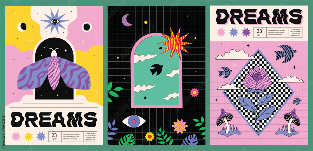 A set of vibrant surreal posters with grid, arch, textural elements and abstract shapes. A design inspired by the aesthetics of the 70s