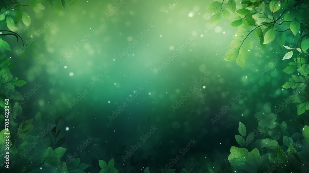 Emerald foliage forest leaves vector background. Green garden trees wedding invitation. Bokeh lights art.