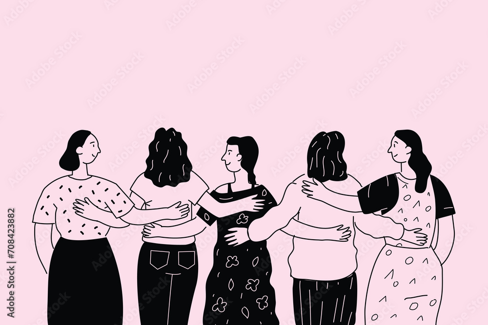 A crowd of different hugging girls, women. Vector hand-drawn illustration.