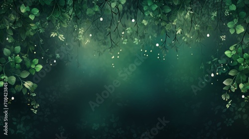 Emerald foliage forest leaves vector background. Green garden trees wedding invitation. Bokeh lights art.