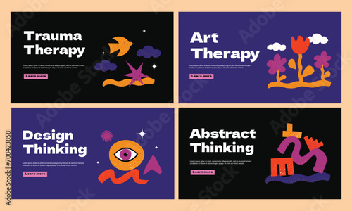 A set of website templates for psychological services. Layouts with abstract uneven textured shapes.