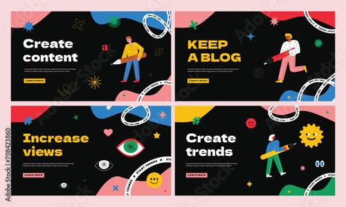 A set of templates for a website with cute scribble characters and bright wavy shapes