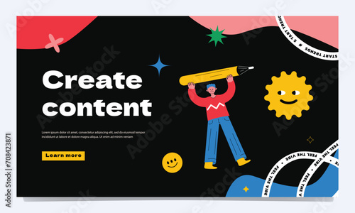 A person with a huge pencil, a symbol of a content creator, artist, designer, blogger. A vivid trendy landing page template.