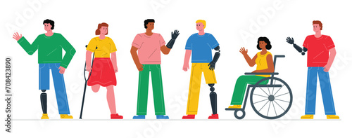 A diverse group of injured people. Representation of disability, possibilities of prostheses and treatment for further mobility.