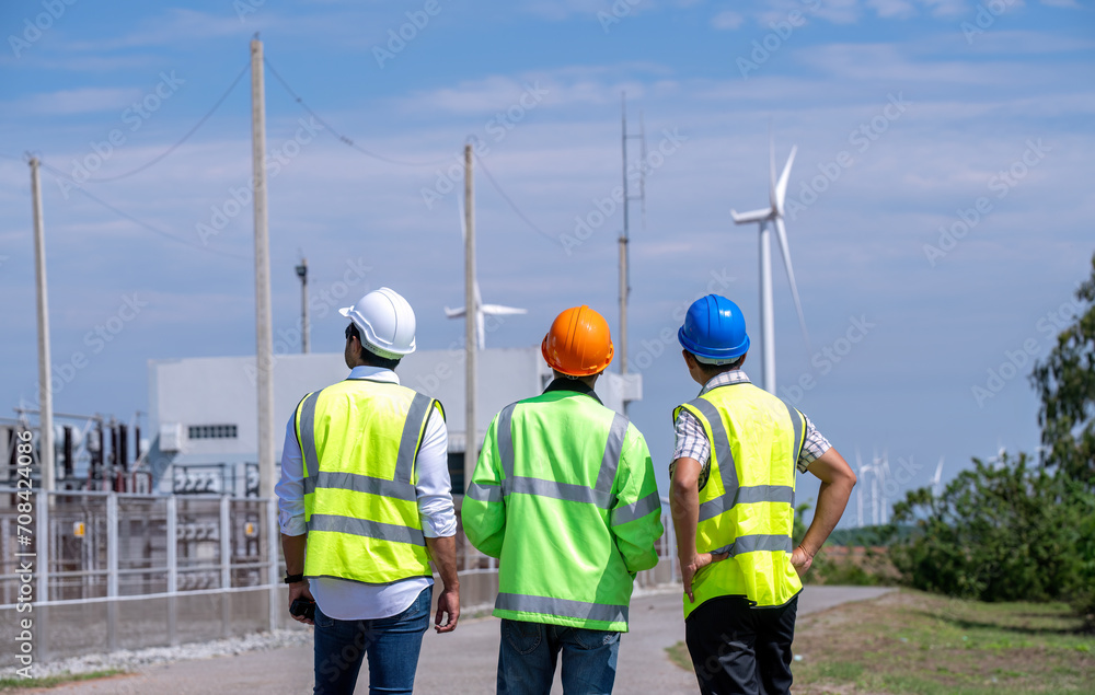 Engineer wearing uniform ,helmet hold document inspection work in wind turbine farms rotation to generate electricity energy. Green ecological power energy generation wind sustainable energy concept. Engineer wearing uniform ,helmet hold document inspection work in wind turbine farms rotation to generate electricity energy. Green ecological power energy generation wind sustainable energy concept.