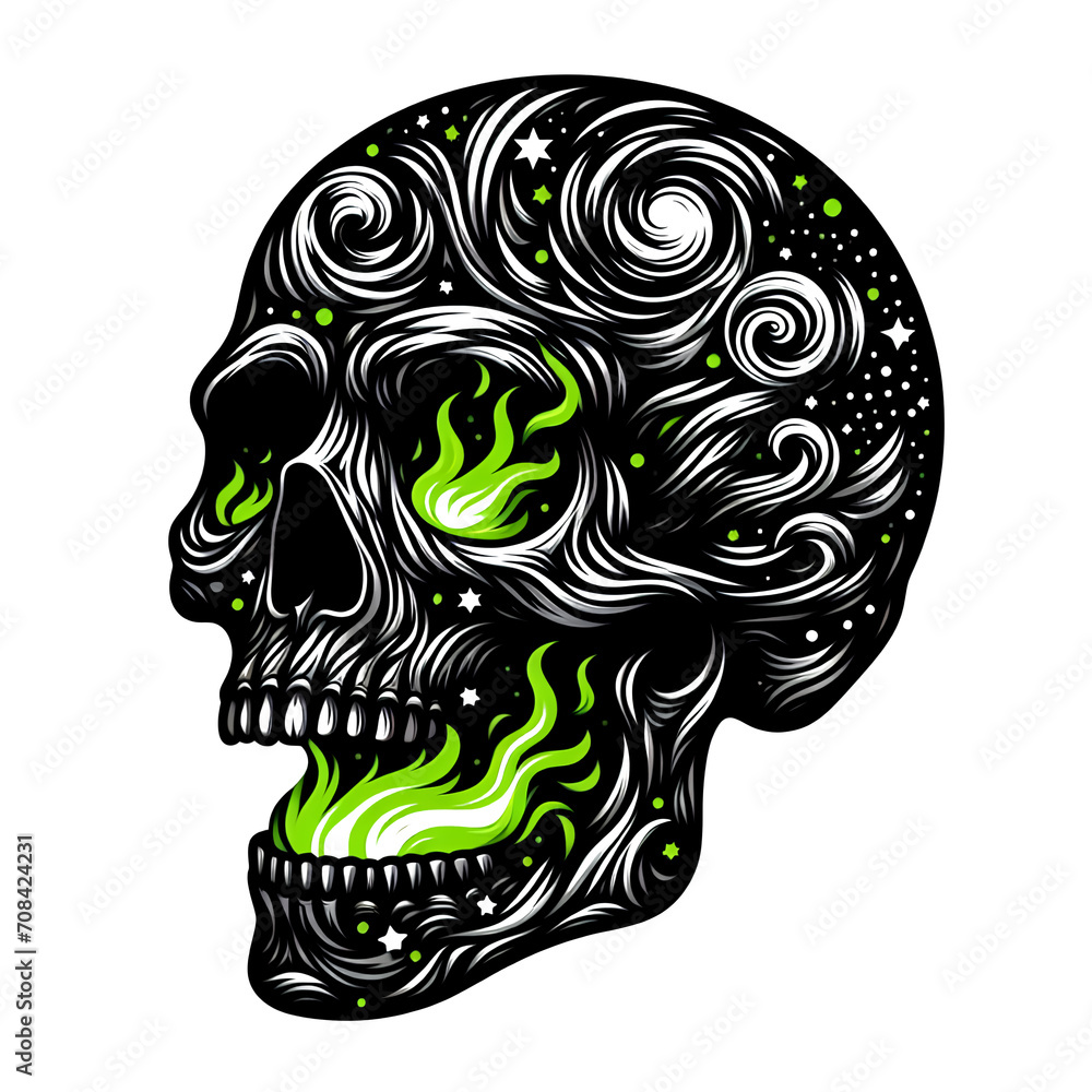 Starry skull with green fire illustration, design element for tattoo, t shirt, logo, poster, card, banner, emblem Starry skull with green fire illustration, design element for tattoo, t shirt, logo, poster, card, banner, emblem