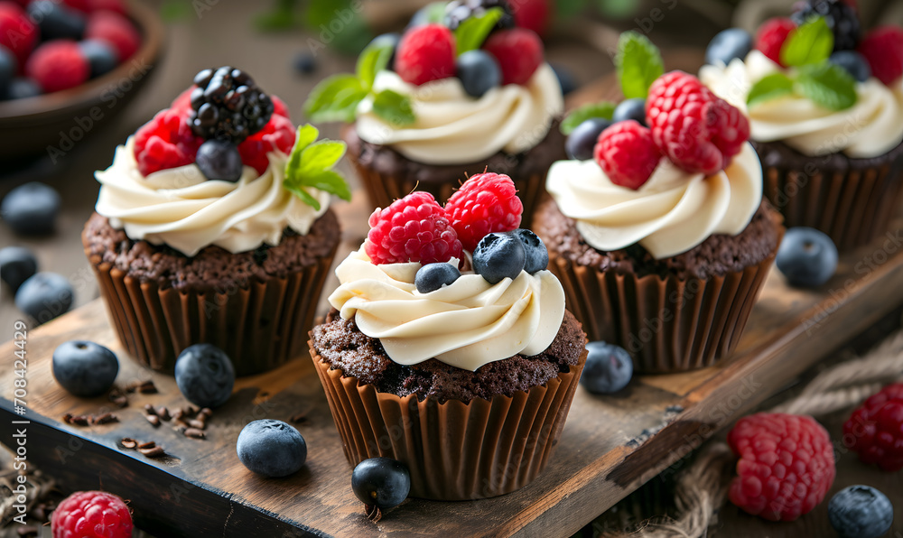 Chocolate cupcakes with cream cheese frosting and fresh berries, Generative AI 