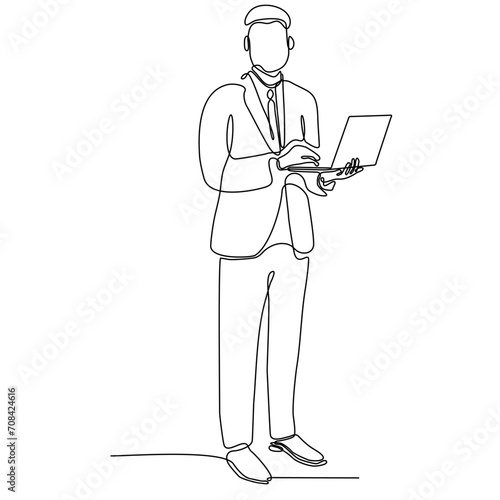 continuous line of men standing holding laptops.
