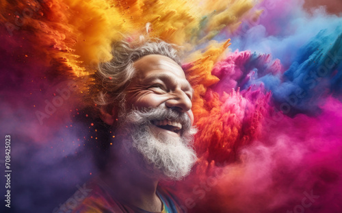 Bearded man bursting with laughter amidst a vibrant explosion of powdered colors