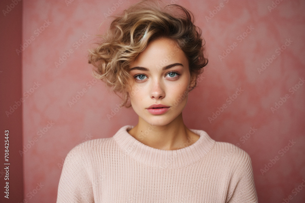 Portrait of a beautiful young woman with blond curly hair and blue eyes . Portrait of a beautiful young woman with blond curly hair and blue eyes .