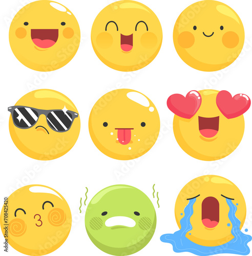 Set of eight yellow emoji faces showing different emotions like happiness, love, cool, sick, and crying. Emoticon collection for mood expression vector illustration.
