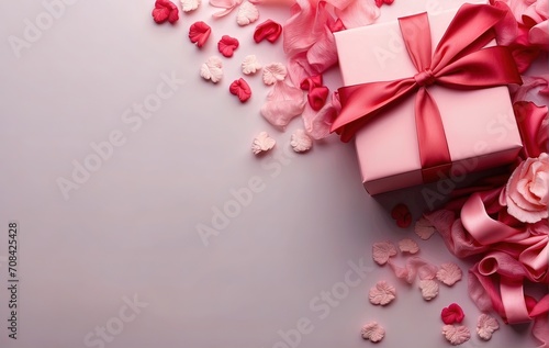 Banner with pink gift box with ribbon and bow on white pink background.Holiday gift with Birthday or Valentine present,flat lay, top view, copy space..Generated by AI © Pham Ty