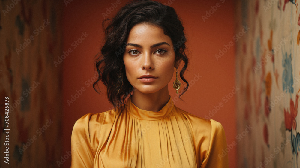 Fototapeta premium Portrait of a beautiful brunette woman in a yellow dress .
