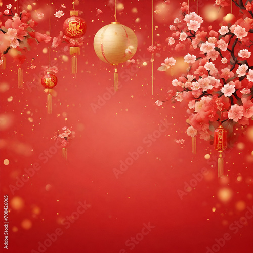Happy Chinese New Year 2024 Cherry blossom and lanterns on red background
