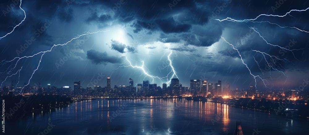 Fototapeta premium City illuminated by lightning, stormy clouds overhead.