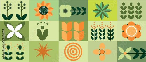 Fototapeta Naklejka Na Ścianę i Meble -  Geometric floral pattern. Scandinavian style. Natural organic flower plants, eco farming concept. Spring concept. Abstract vector minimal illustration.