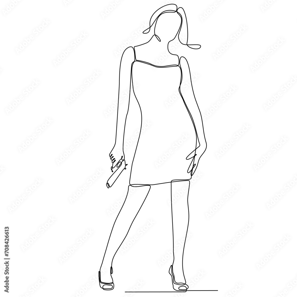 One single line drawing of young woman practicing to shoot target within range on shooting training field vector graphic illustration. Clay pigeon shooting sport concept. Drawing design One single line drawing of young woman practicing to shoot target within range on shooting training field vector graphic illustration. Clay pigeon shooting sport concept. Drawing design