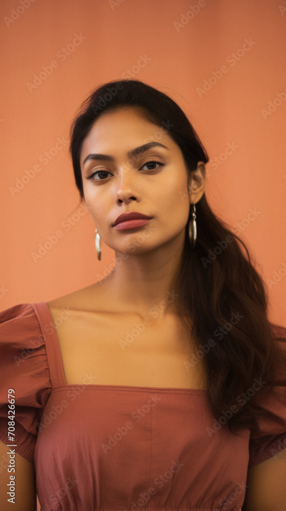 Portrait of a beautiful young woman in a red dress on an orange background Portrait of a beautiful young woman in a red dress on an orange background