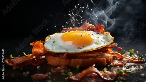  crispy bacon with egg on top black and blurry background