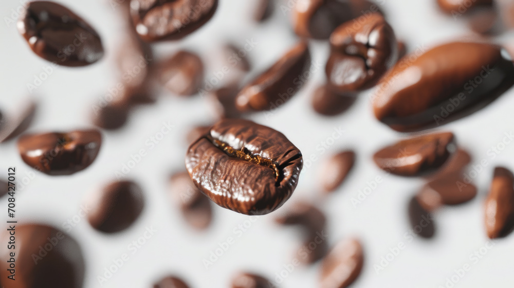 Close-up of scattered roasted coffee beans on a white background, with a central bean in sharp focus. Close-up of scattered roasted coffee beans on a white background, with a central bean in sharp focus.