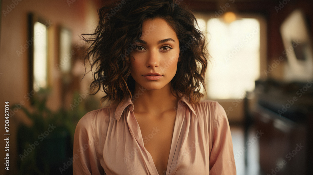 Portrait of beautiful young woman with curly hair looking at camera . Portrait of beautiful young woman with curly hair looking at camera .