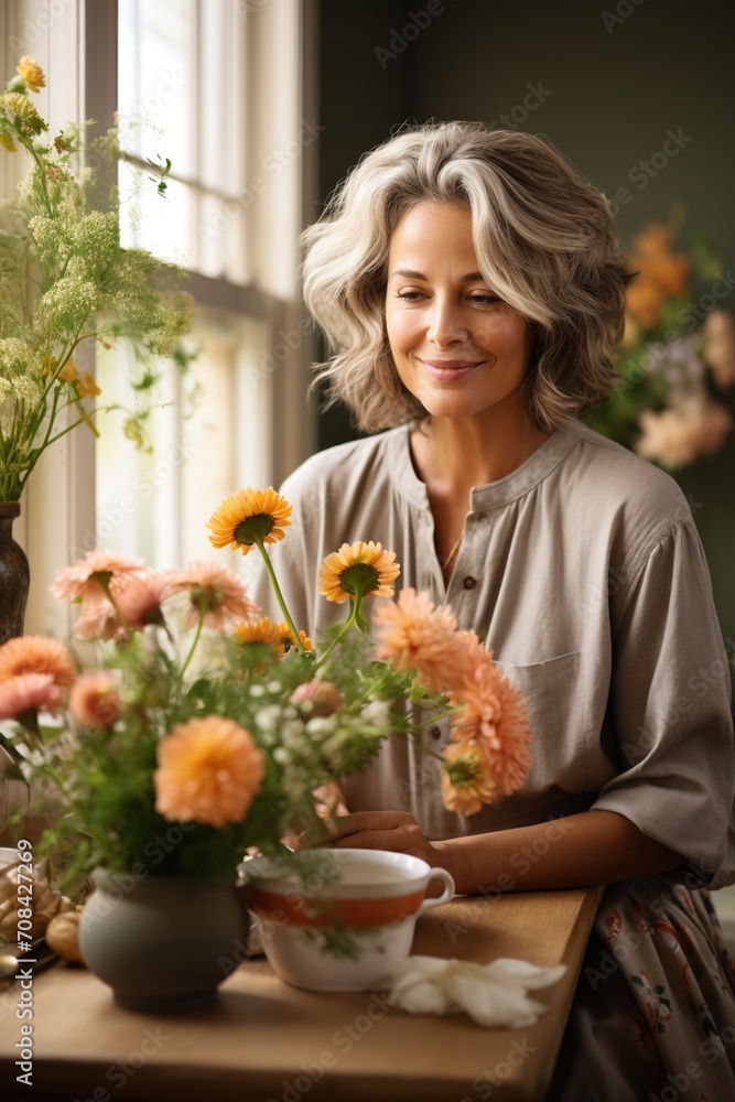 A thoughtful woman gazes at a beautiful flower arrangement