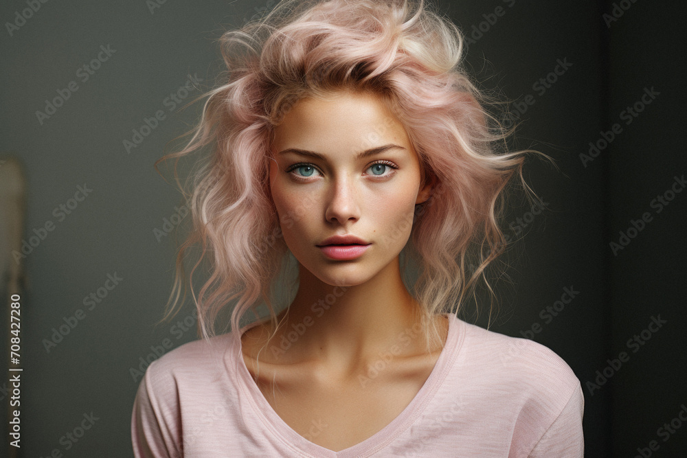 Portrait of a beautiful young woman with pink hair in the room
