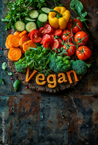 Vegan food. Vegan word on wood and vegetable background. Vertical. (1) photo