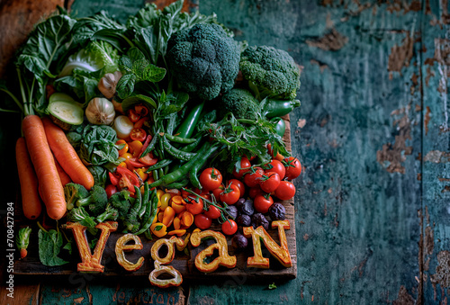 Vegan food. Vegan word on wood and vegetable background. 3 photo