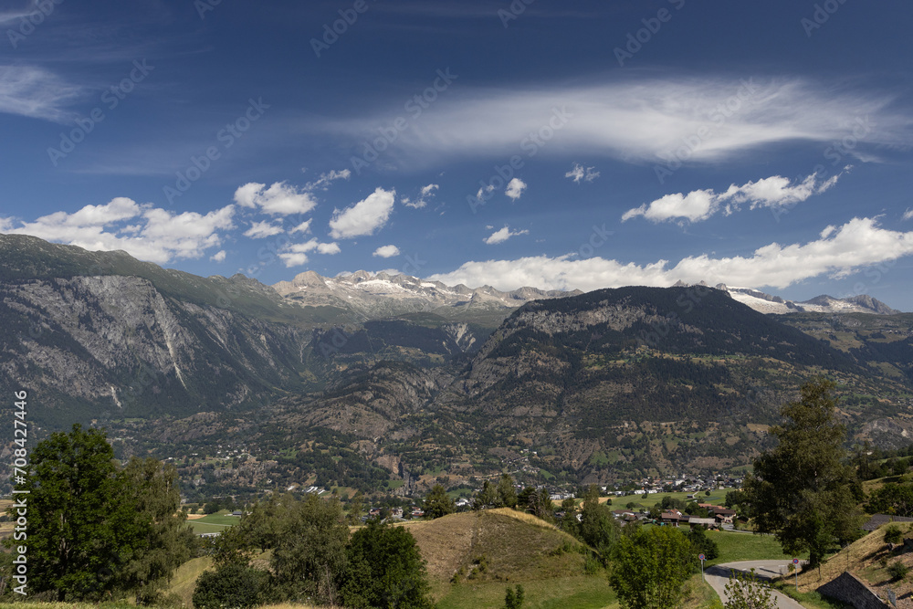 A beautiful summer view across to Hohstock and Riederhorn mountains, and the Belalp ski area from Ried-Brig in Valais in Switzerland. The Rhone Valley a popular summer and winter vacation destination.