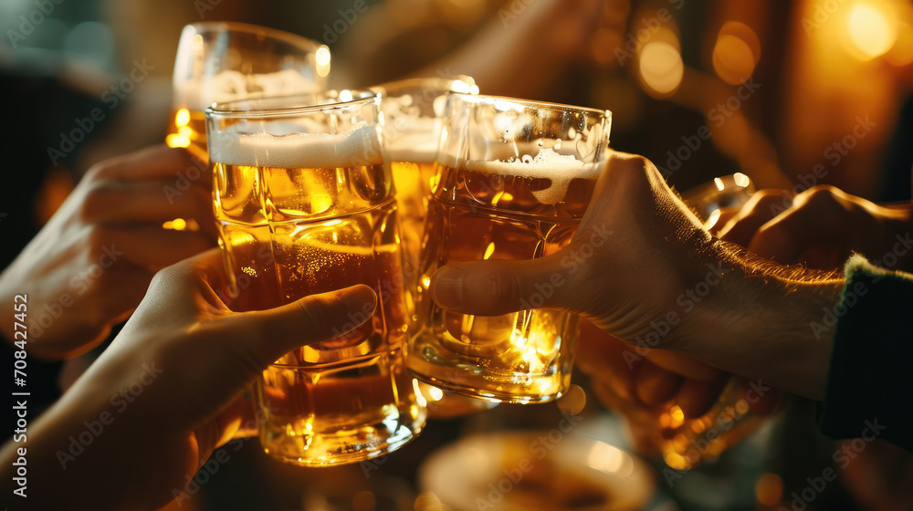 ?lose-up of multiple people toasting with glasses of beer. ?lose-up of multiple people toasting with glasses of beer.