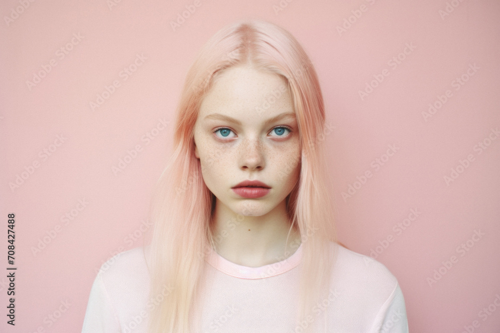 Portrait of a young beautiful girl with pink hair on a pink background Portrait of a young beautiful girl with pink hair on a pink background