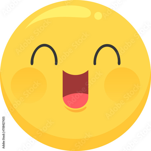 Happy yellow face emoji with open mouth and closed eyes. Cheerful emoticon showing joy and happiness. Excitement and delight expression vector illustration.