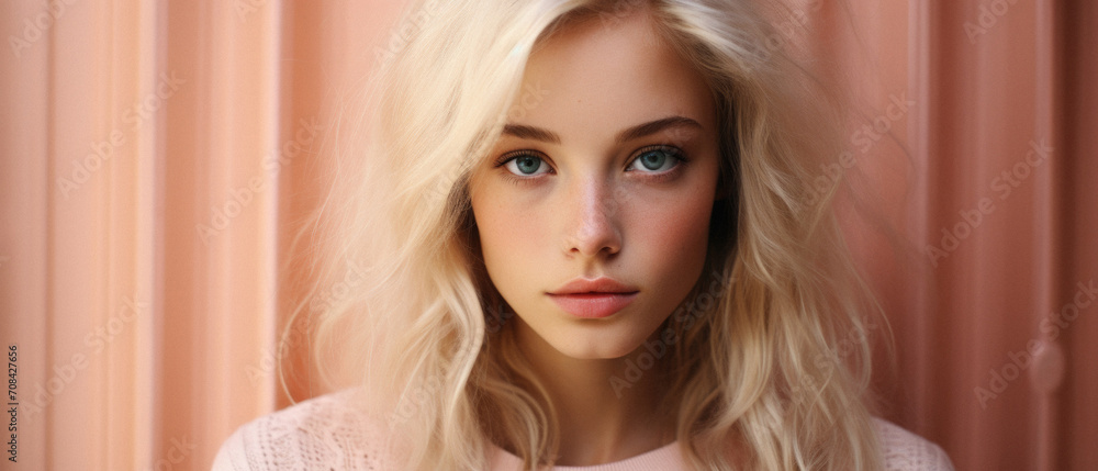 Portrait of a beautiful girl with blond hair in a pink sweater Portrait of a beautiful girl with blond hair in a pink sweater