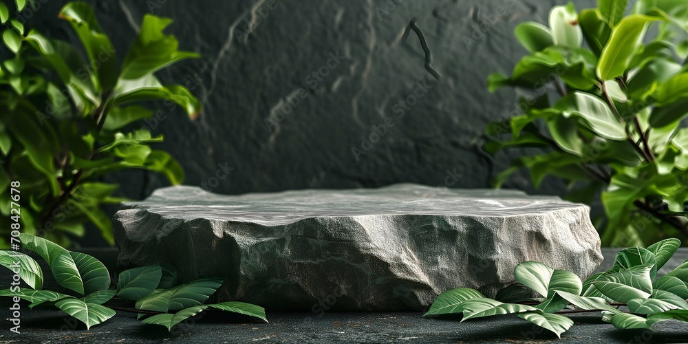 stone podium in a tropical garden with palm leaves