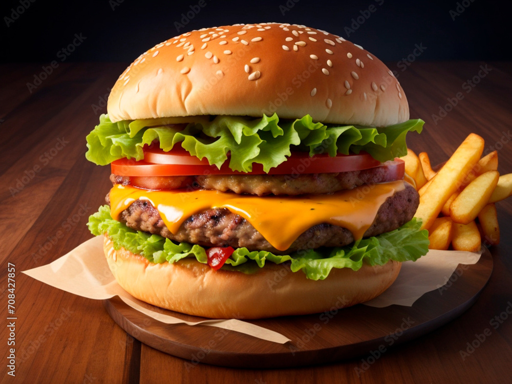 Hamburger with french fries on wooden table. Close up. Hamburger with french fries on wooden table. Close up.