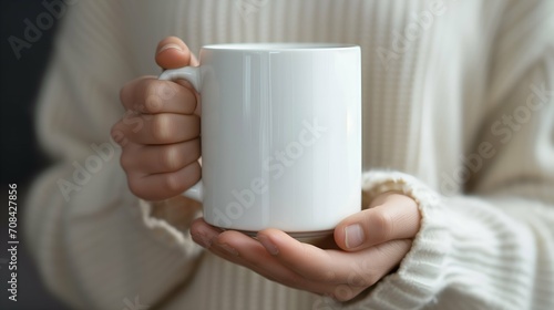Closeup of woman hands holding white cup of coffee or tea.