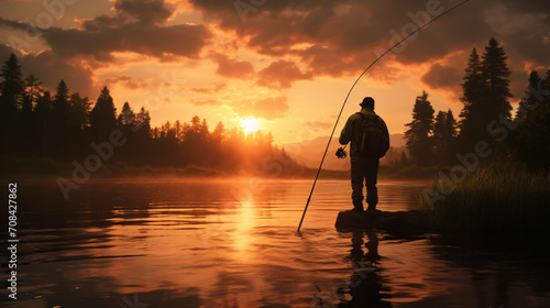 Young man flyfishing at sunrise photo